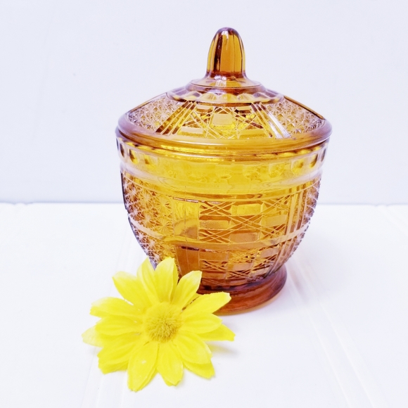 Vintag 70's Amber Glass Candy Dish with Lid
